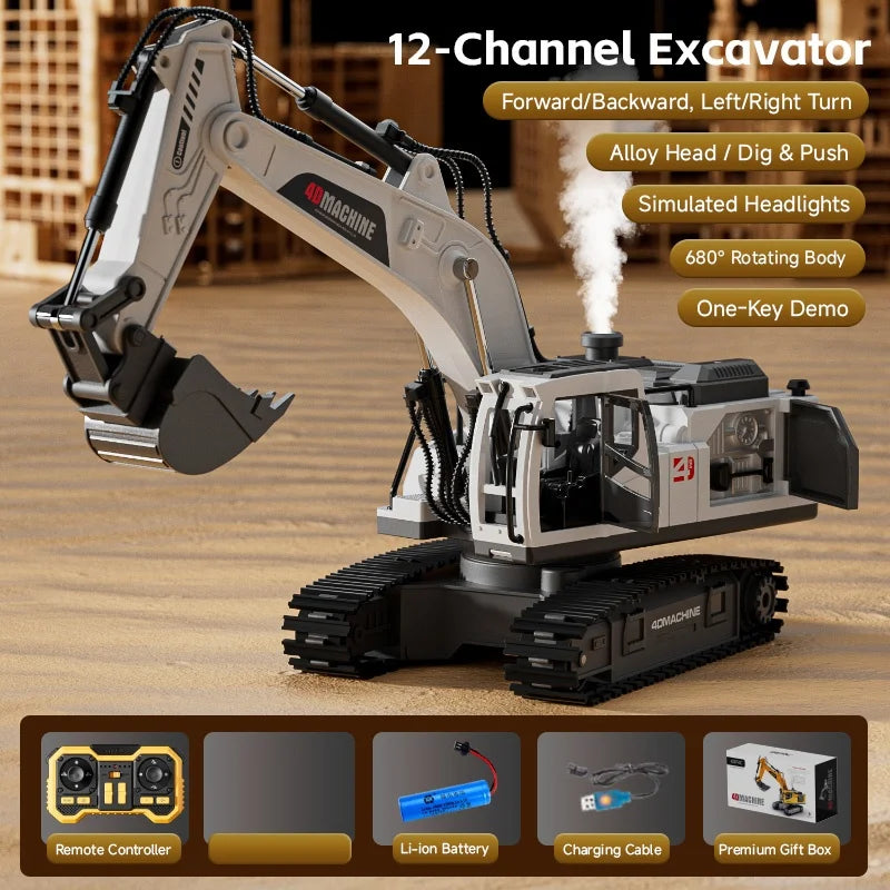 12 Channel RC Excavator Car 2.4G Remote Control Engineering Vehicle Crawler Truck Excavator Toys for Boys Kids Christmas Gifts