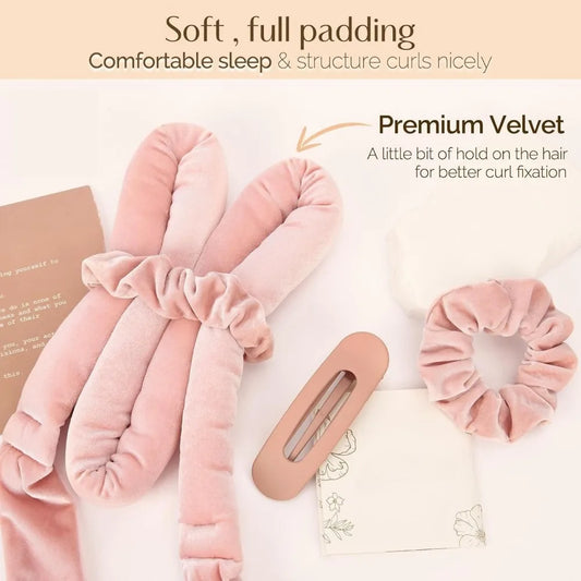 Heatless Hair Curler Set – No Heat Sleeping Curlers with Scrunchies & Clip