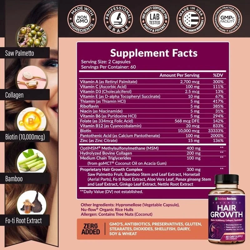 Rainbow Nutrients Hair Growth Vitamins – Biotin 10,000mcg & Collagen, 120 Capsules
