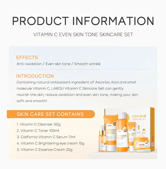 Vitamin C Skincare Set – 5pcs Brightening Serum, Cream, Eye Cream & Toner Kit