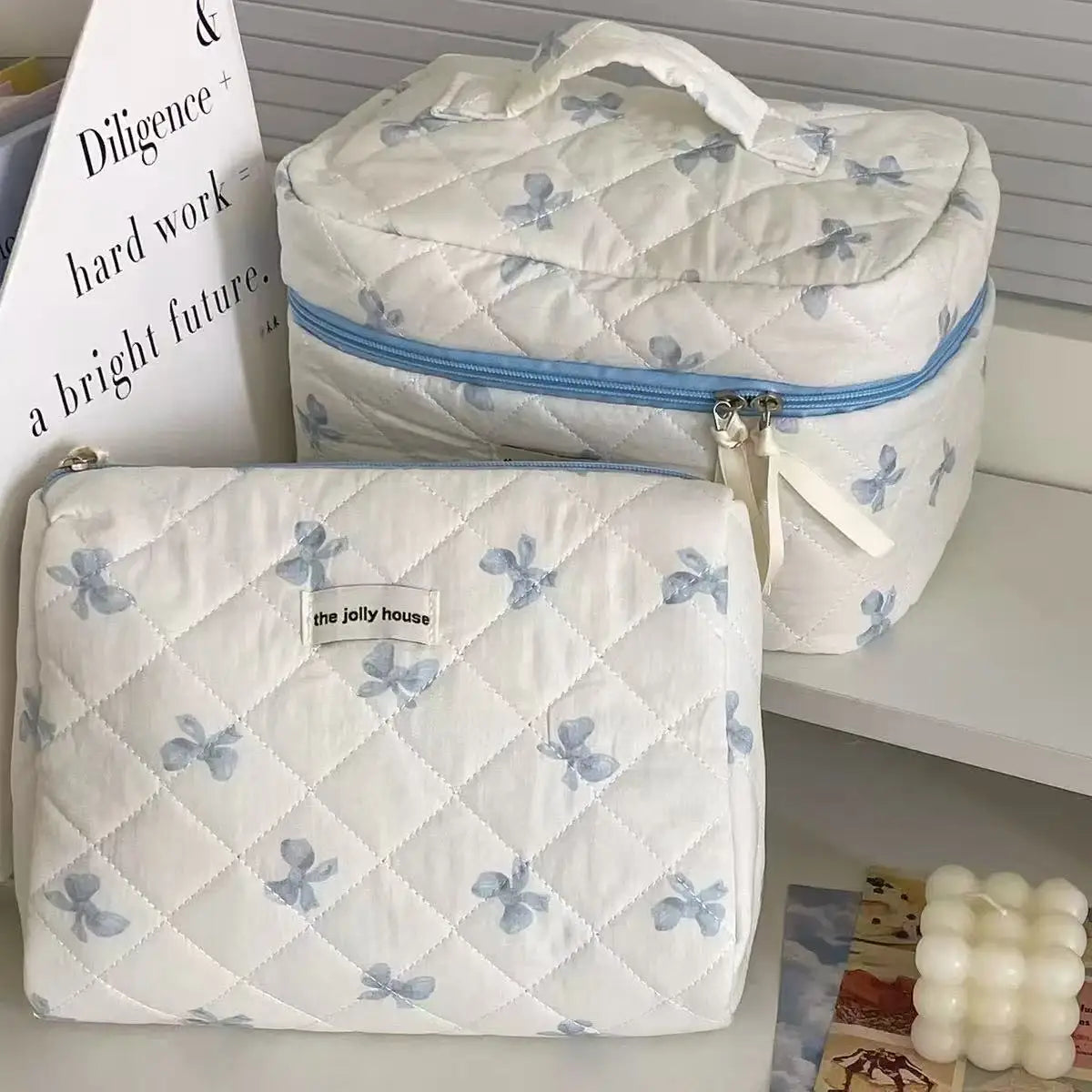 Large Bow-Print Travel Makeup Organizer Bag
