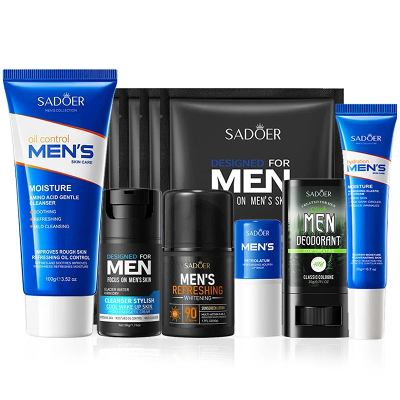 SADOER Men's Skin Care Kit – Cleanser, Moisturizer, Sunscreen, Mask, Lip Balm & Eye Cream