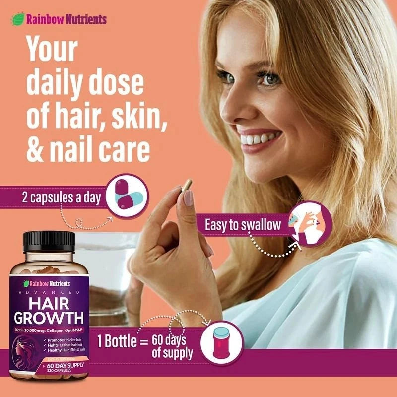 Rainbow Nutrients Hair Growth Vitamins – Biotin 10,000mcg & Collagen, 120 Capsules