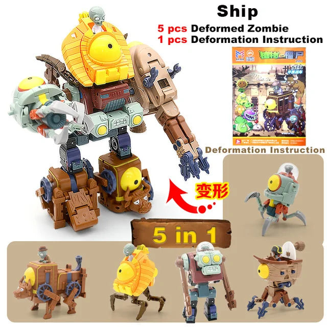 5 in 1 Plants vs Zombies Assembly Deformation BOSS Giant Zombie Robot Action Figure Model Toys Mech PVZ Transforming Gifts