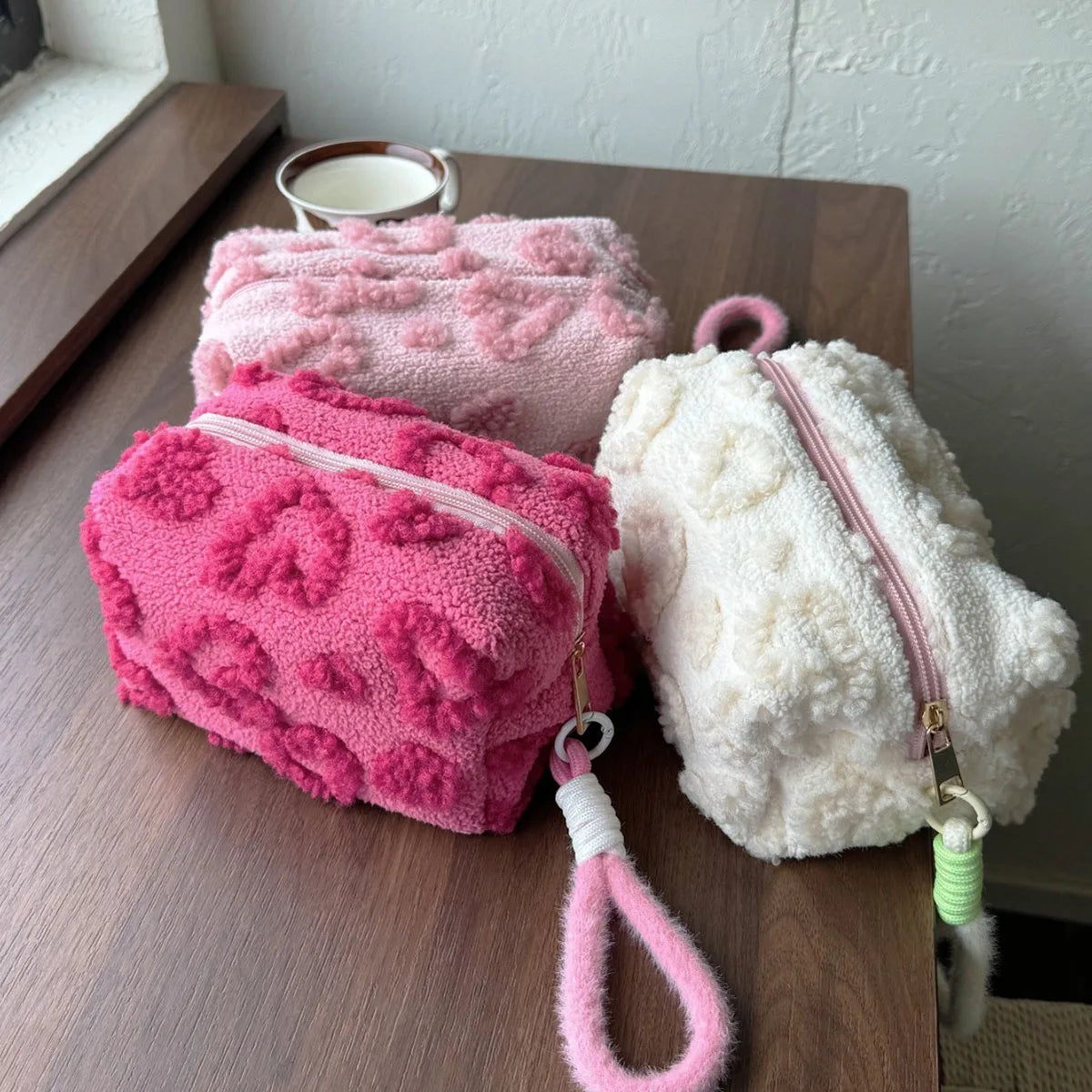 Cute Plush Love-Print Cosmetic Bag with Handle
