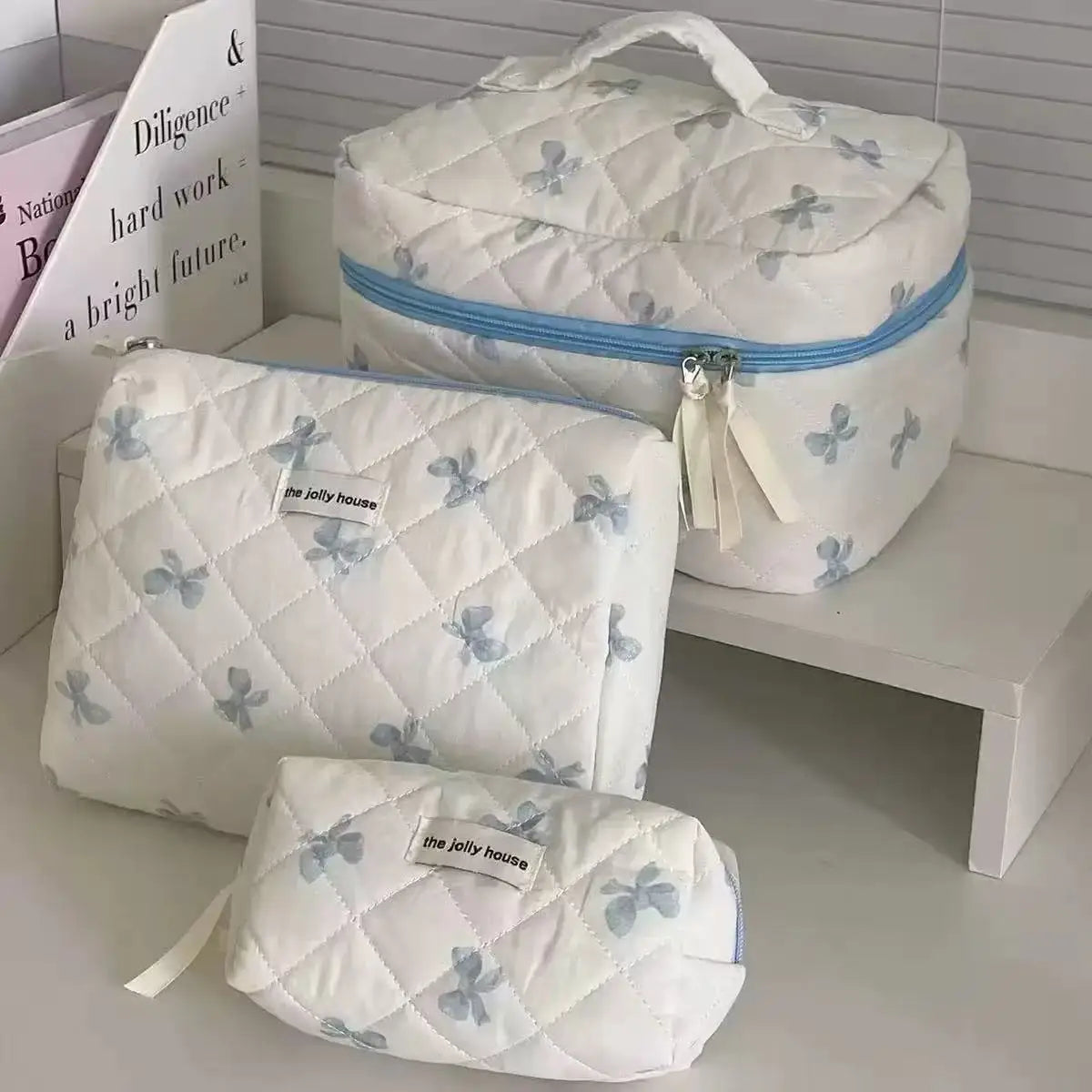 Large Bow-Print Travel Makeup Organizer Bag