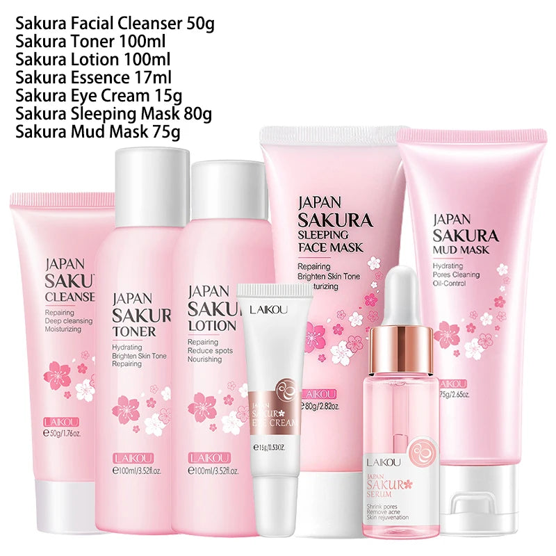 Sakura Skin Care Set – 9Pcs Kit with Cleanser, Cream, Sunscreen, Mask & Eye Cream