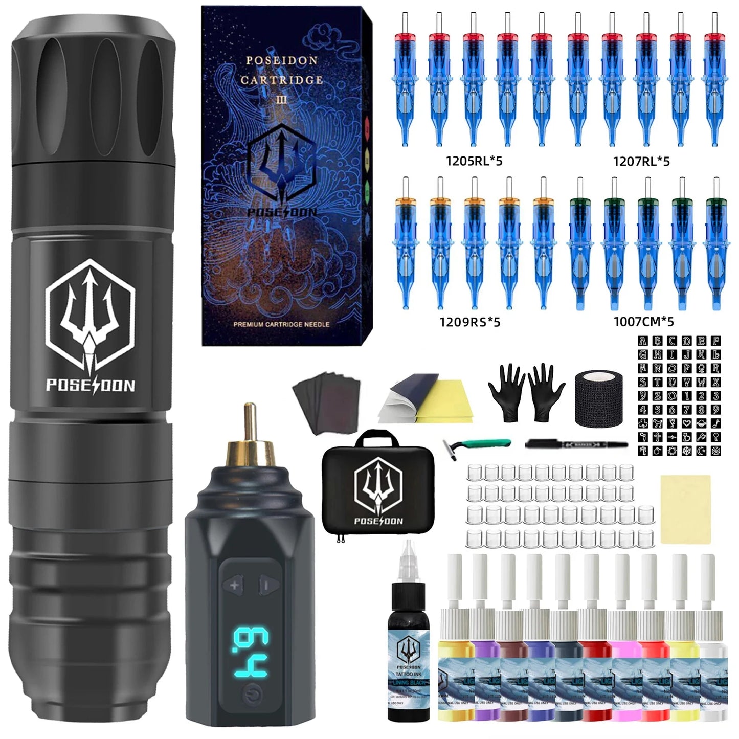 POSEIDON Complete Tattoo Pen Kit – Wireless Power Machine & Professional Supplies