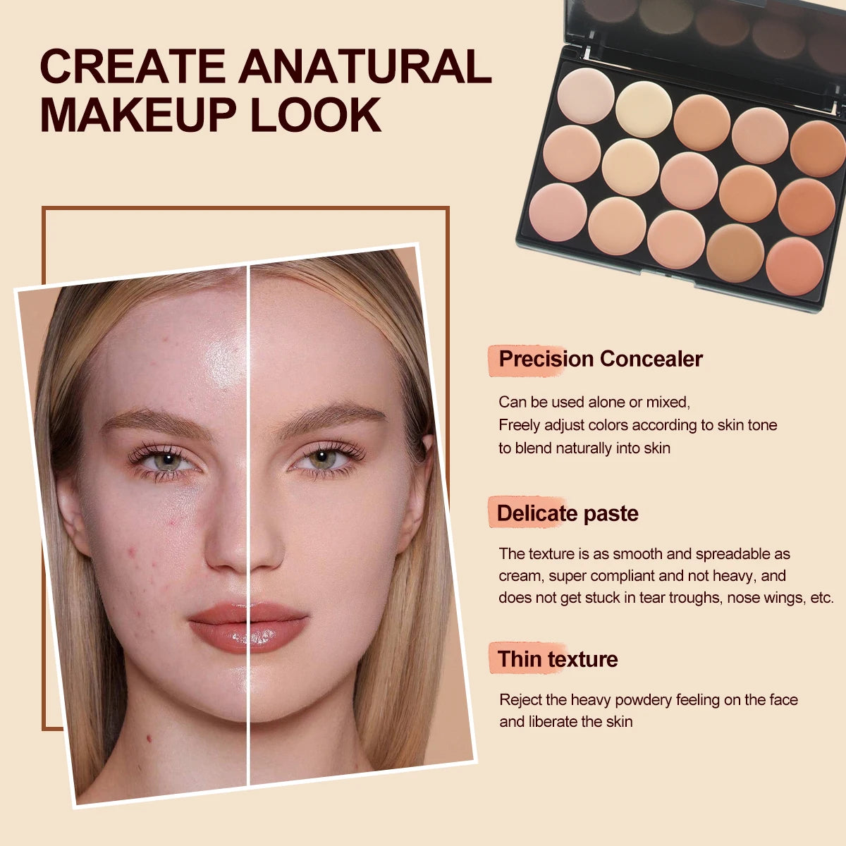 15-Color Concealer & Contour Palette – Full Coverage Camouflage Cream