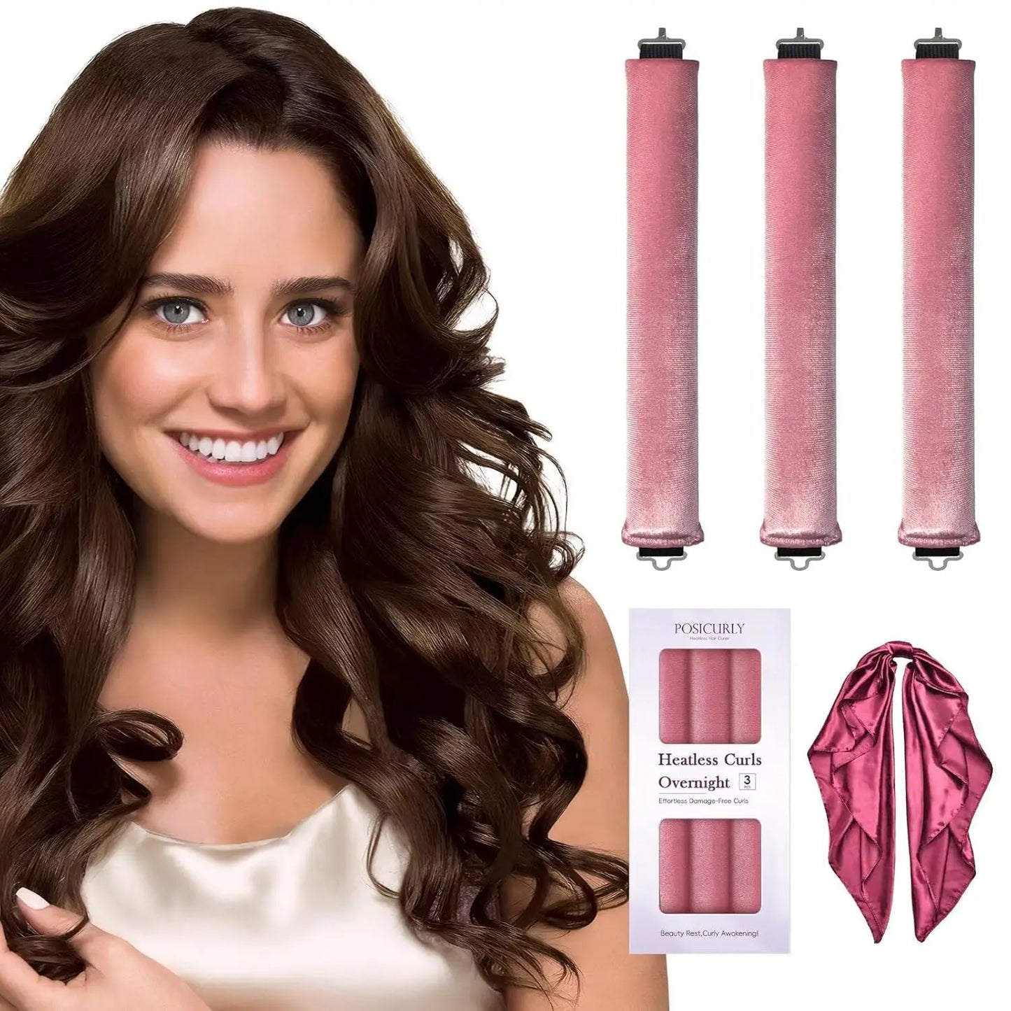 3pcs Heatless Hair Curler Set – No Heat Satin Curlers with Scarf