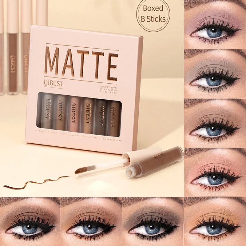 QIBEST Matte Liquid Shadow Collection – 8-Stick Set, Dual-Use for Eyes & Cheeks