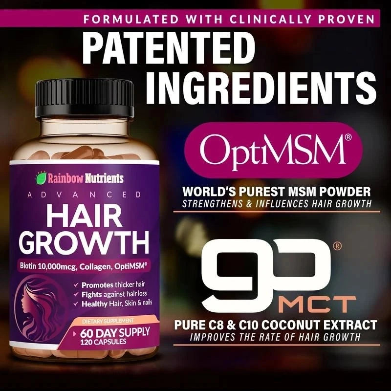 Rainbow Nutrients Hair Growth Vitamins – Biotin 10,000mcg & Collagen, 120 Capsules