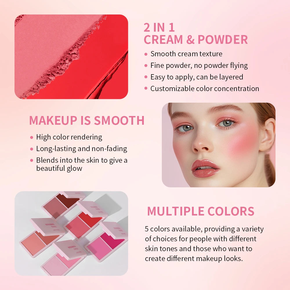 Dual-Texture Blush Palette: Cream & Powder Hybrid (5 Shades)