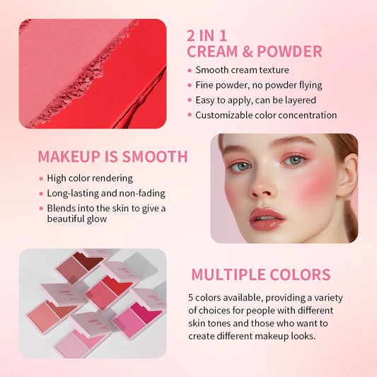 Dual-Texture Blush Palette: Cream & Powder Hybrid (5 Shades)