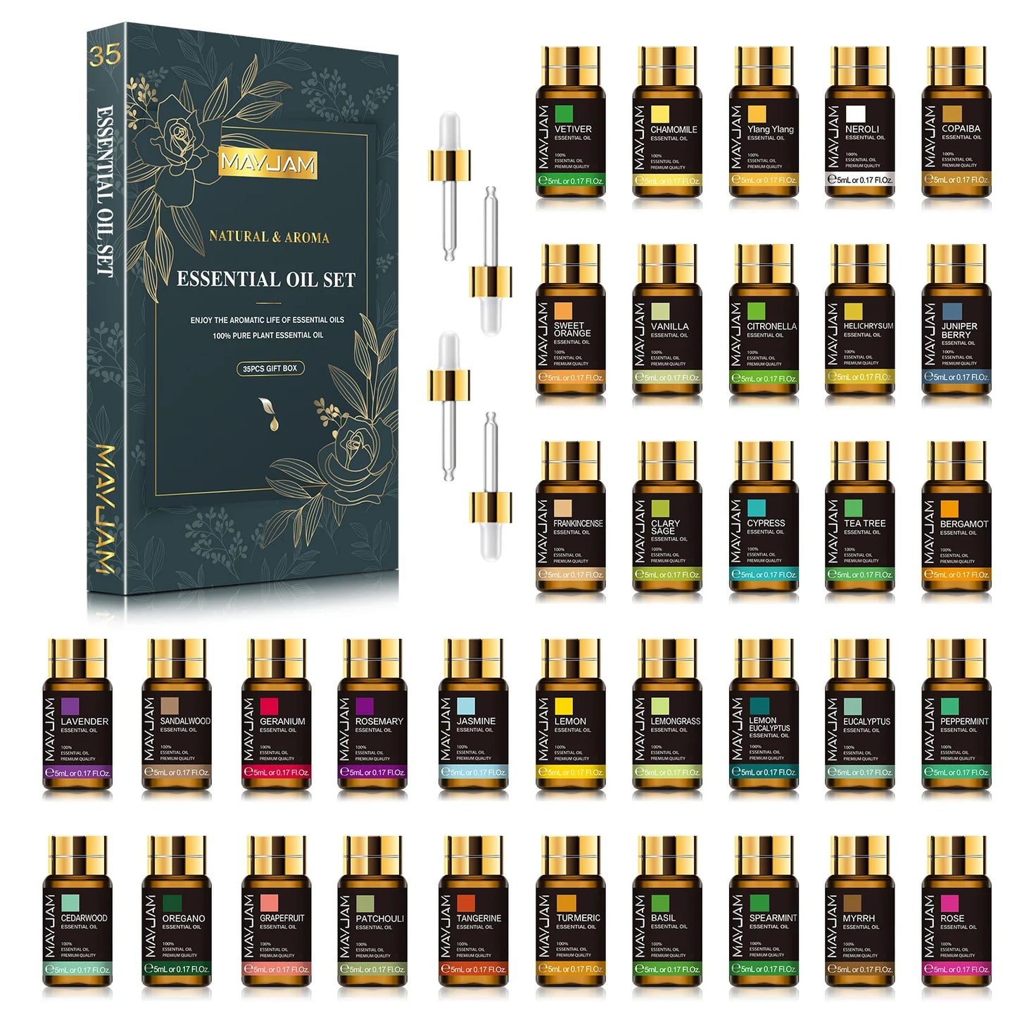MAYJAM 35 Bottles Essential Oil Set – Lavender, Eucalyptus, Vanilla & More for Humidifiers, Candles & DIY
