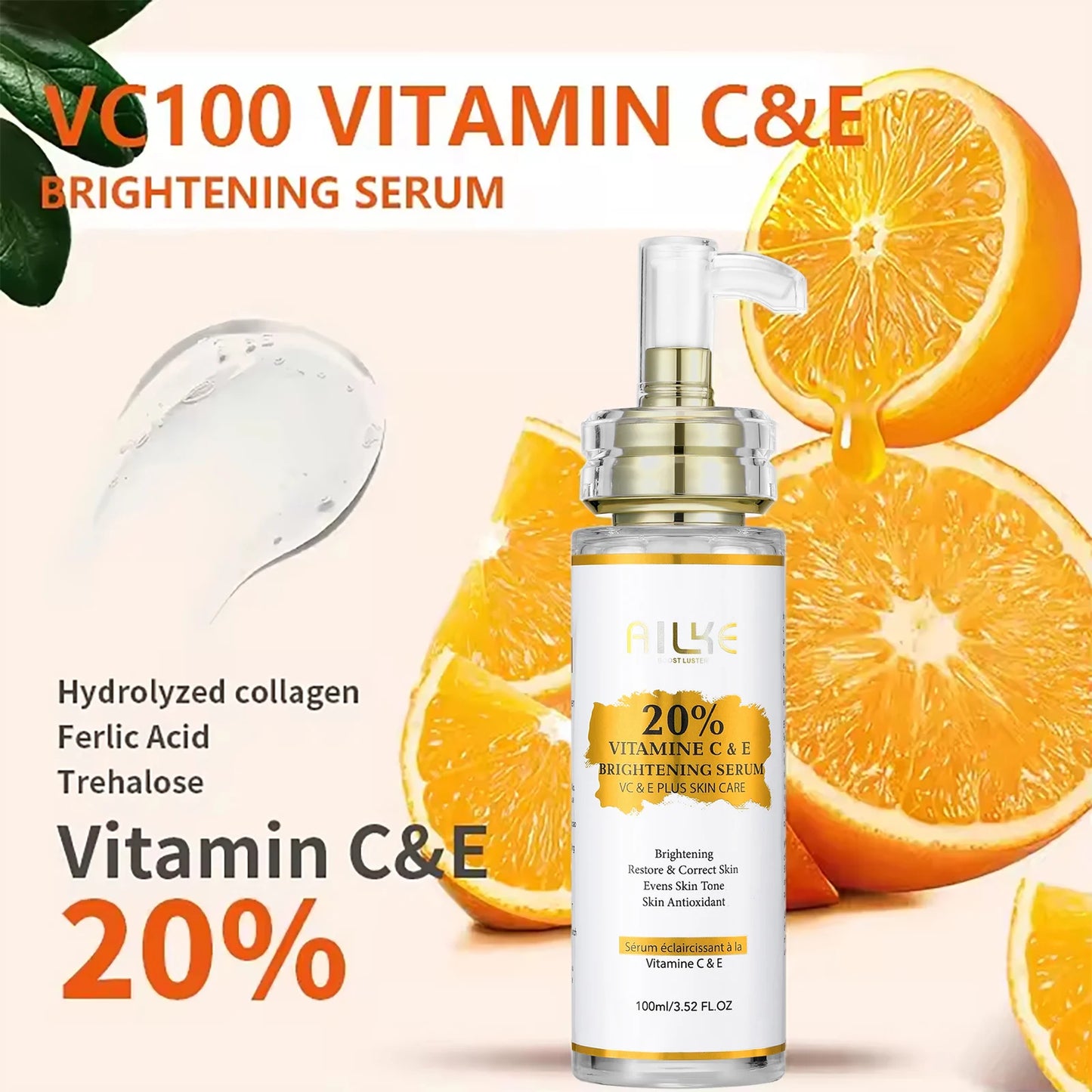 AILKE Vitamin C & E Brightening Face Serum – Hydrating Skin Care 100ml