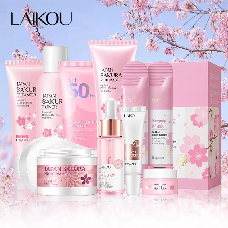 Sakura Skin Care Set – 9Pcs Kit with Cleanser, Cream, Sunscreen, Mask & Eye Cream