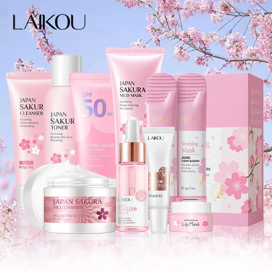 Sakura Skin Care Set – 9Pcs Kit with Cleanser, Cream, Sunscreen, Mask & Eye Cream