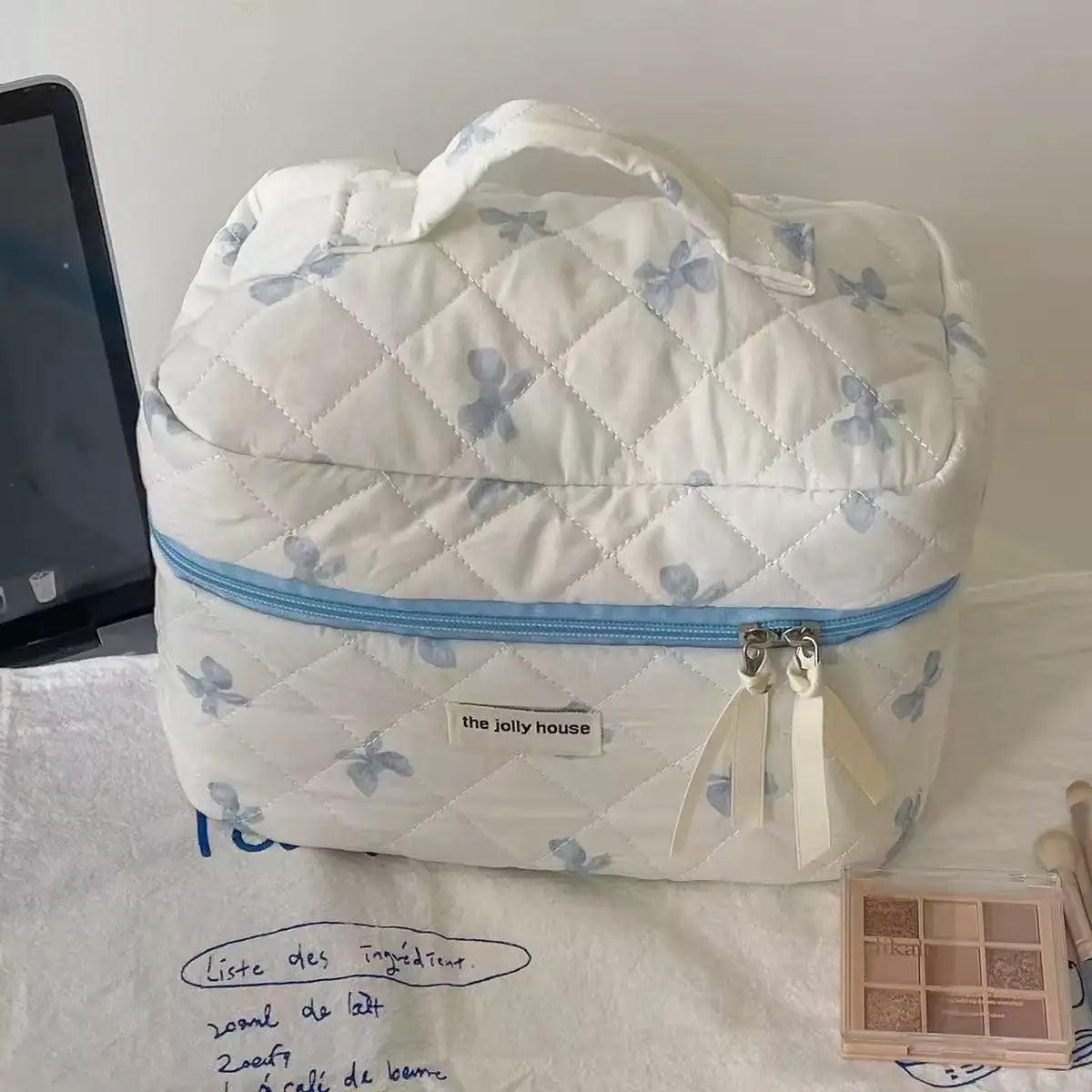 Large Bow-Print Travel Makeup Organizer Bag