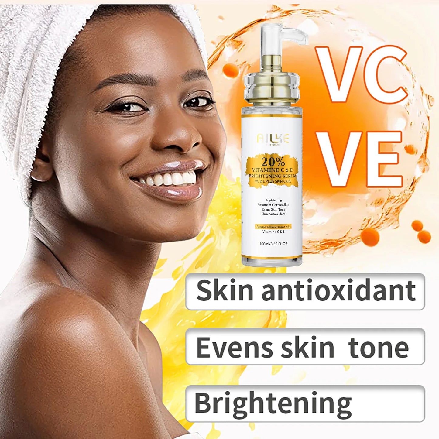 AILKE Vitamin C & E Brightening Face Serum – Hydrating Skin Care 100ml