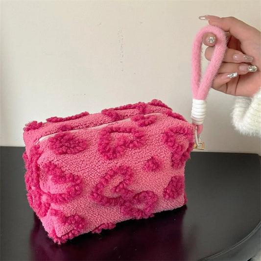 Cute Plush Love-Print Cosmetic Bag with Handle