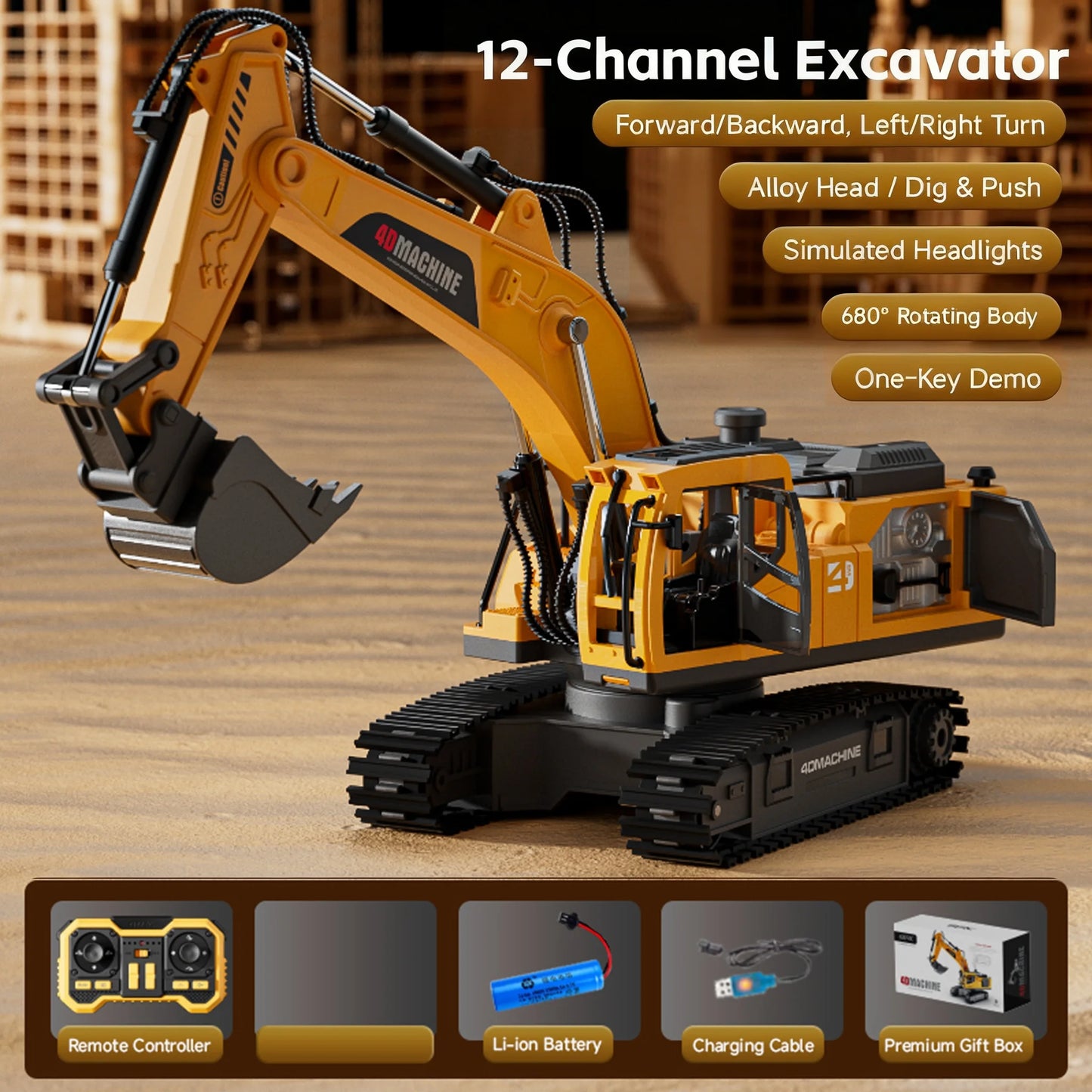 12 Channel RC Excavator Car 2.4G Remote Control Engineering Vehicle Crawler Truck Excavator Toys for Boys Kids Christmas Gifts