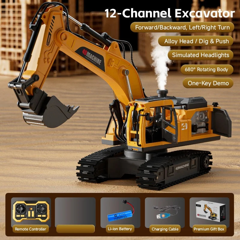 12 Channel RC Excavator Car 2.4G Remote Control Engineering Vehicle Crawler Truck Excavator Toys for Boys Kids Christmas Gifts