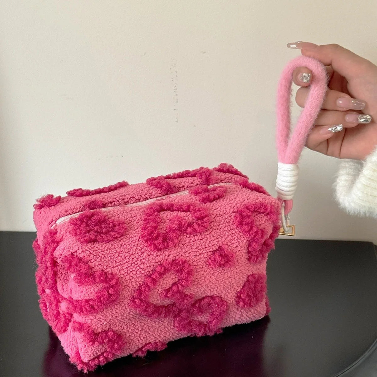 Cute Plush Love-Print Cosmetic Bag with Handle