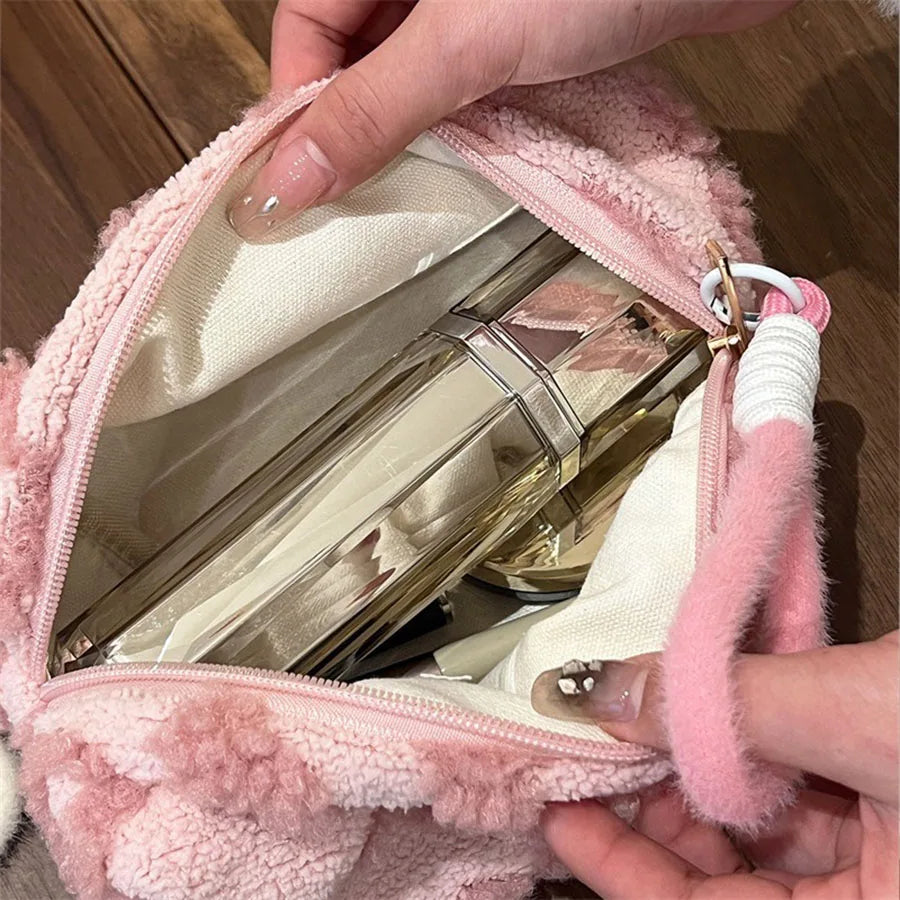Cute Plush Love-Print Cosmetic Bag with Handle