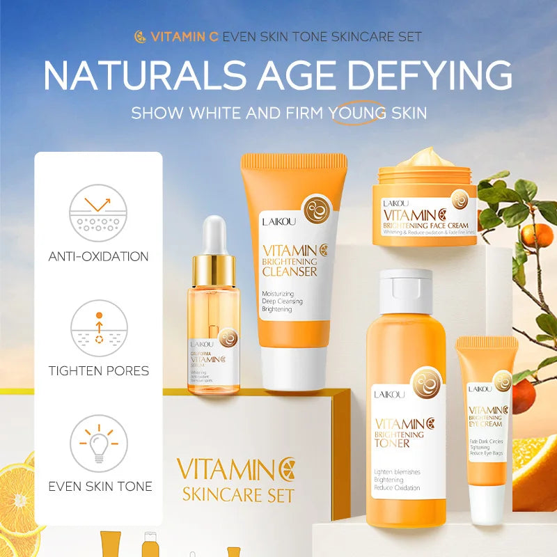 Vitamin C Skincare Set – 5pcs Brightening Serum, Cream, Eye Cream & Toner Kit