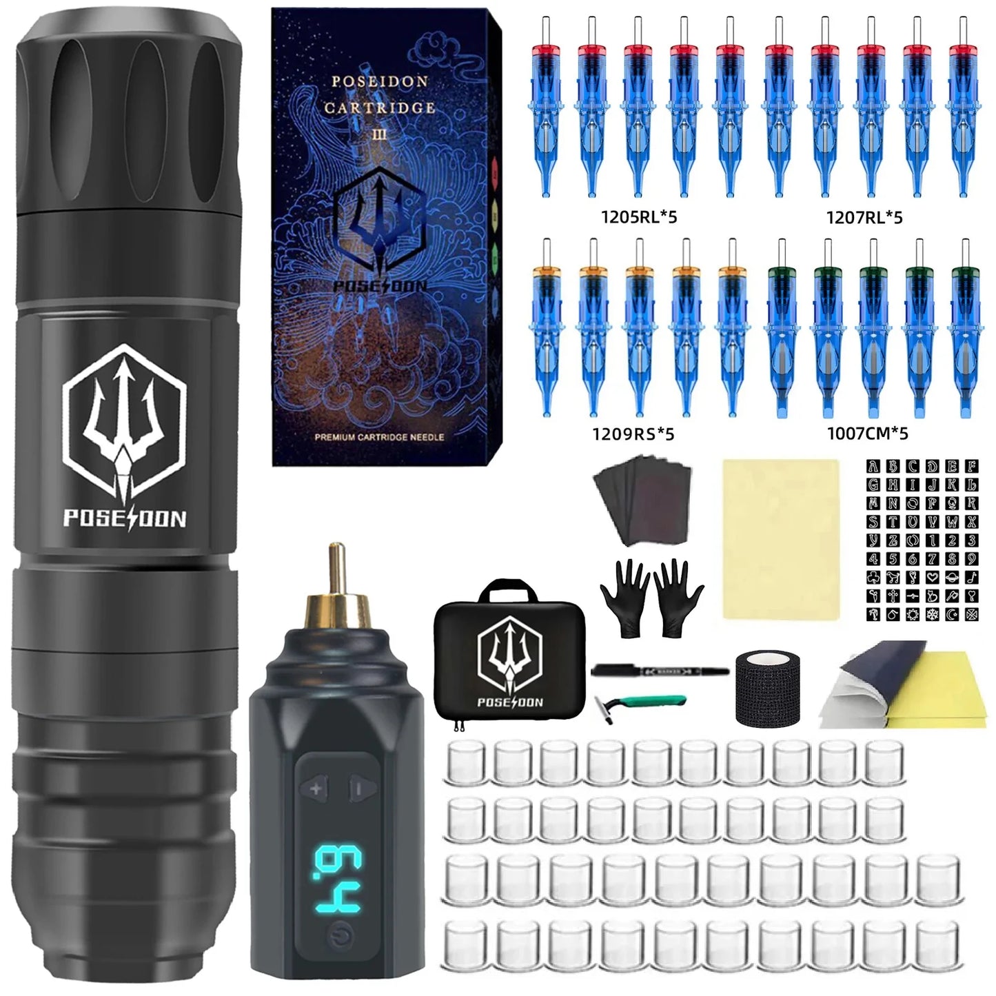 POSEIDON Complete Tattoo Pen Kit – Wireless Power Machine & Professional Supplies