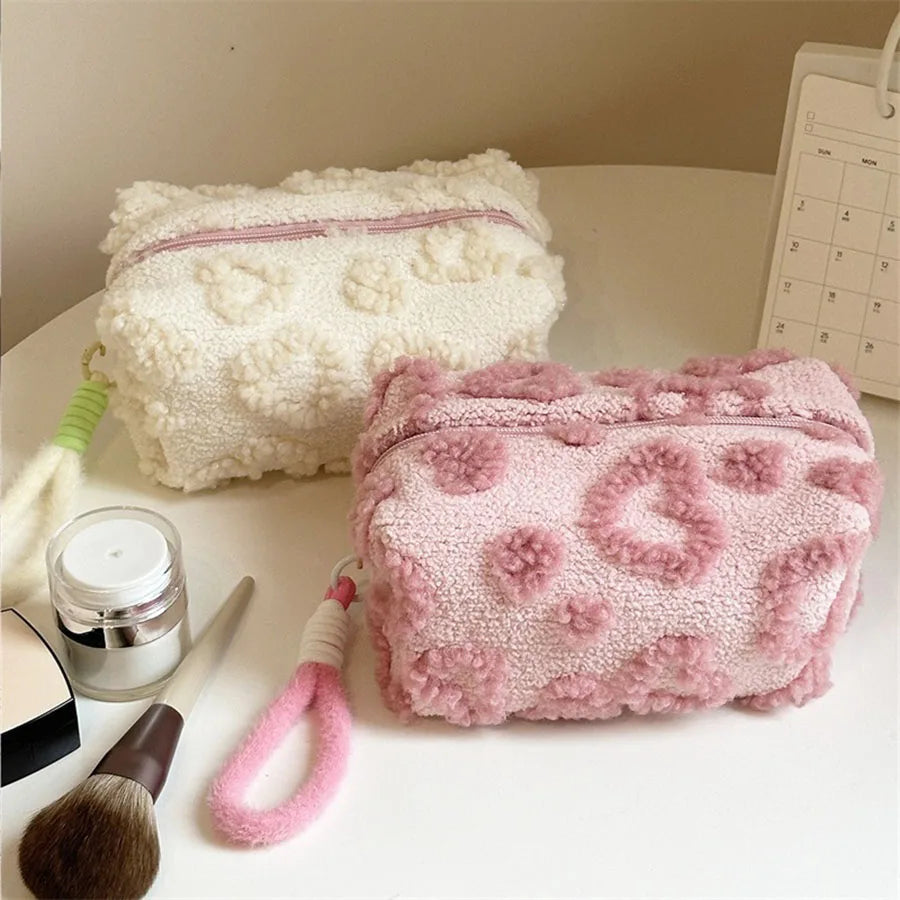 Cute Plush Love-Print Cosmetic Bag with Handle