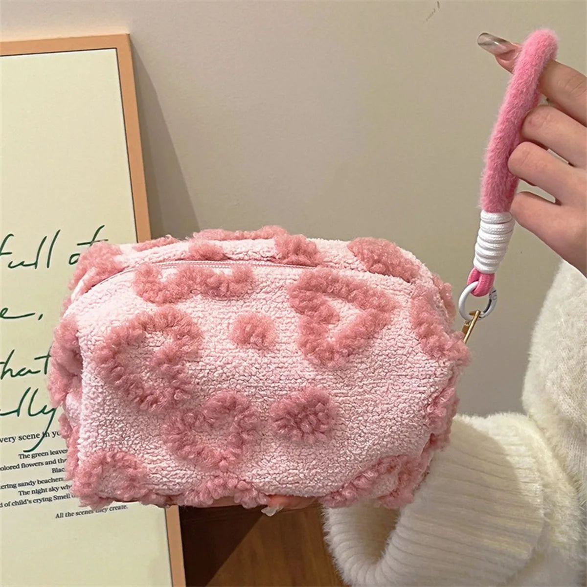 Cute Plush Love-Print Cosmetic Bag with Handle
