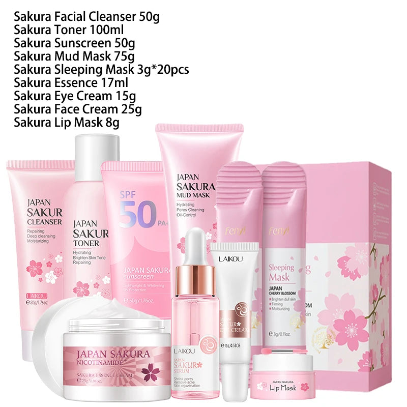 Sakura Skin Care Set – 9Pcs Kit with Cleanser, Cream, Sunscreen, Mask & Eye Cream