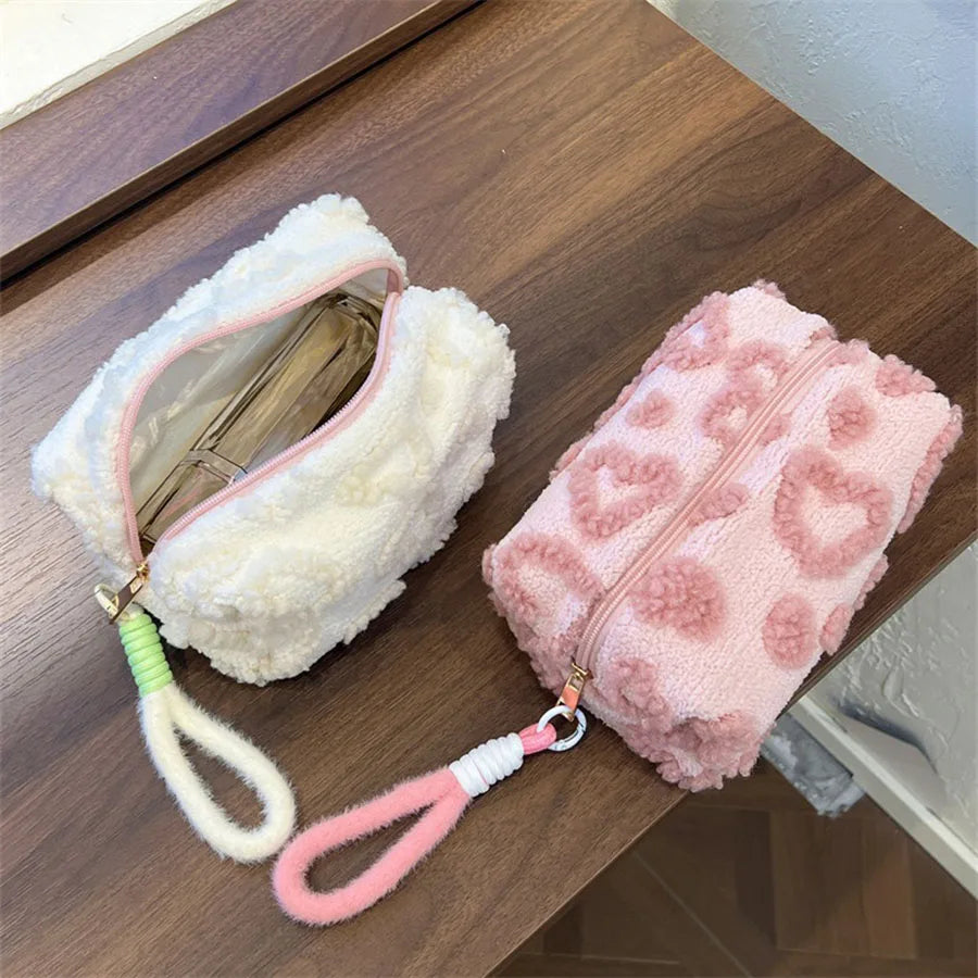 Cute Plush Love-Print Cosmetic Bag with Handle