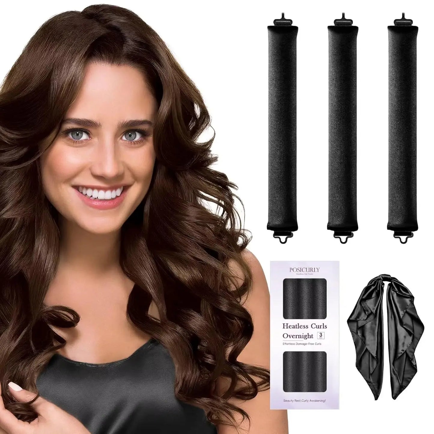 3pcs Heatless Hair Curler Set – No Heat Satin Curlers with Scarf