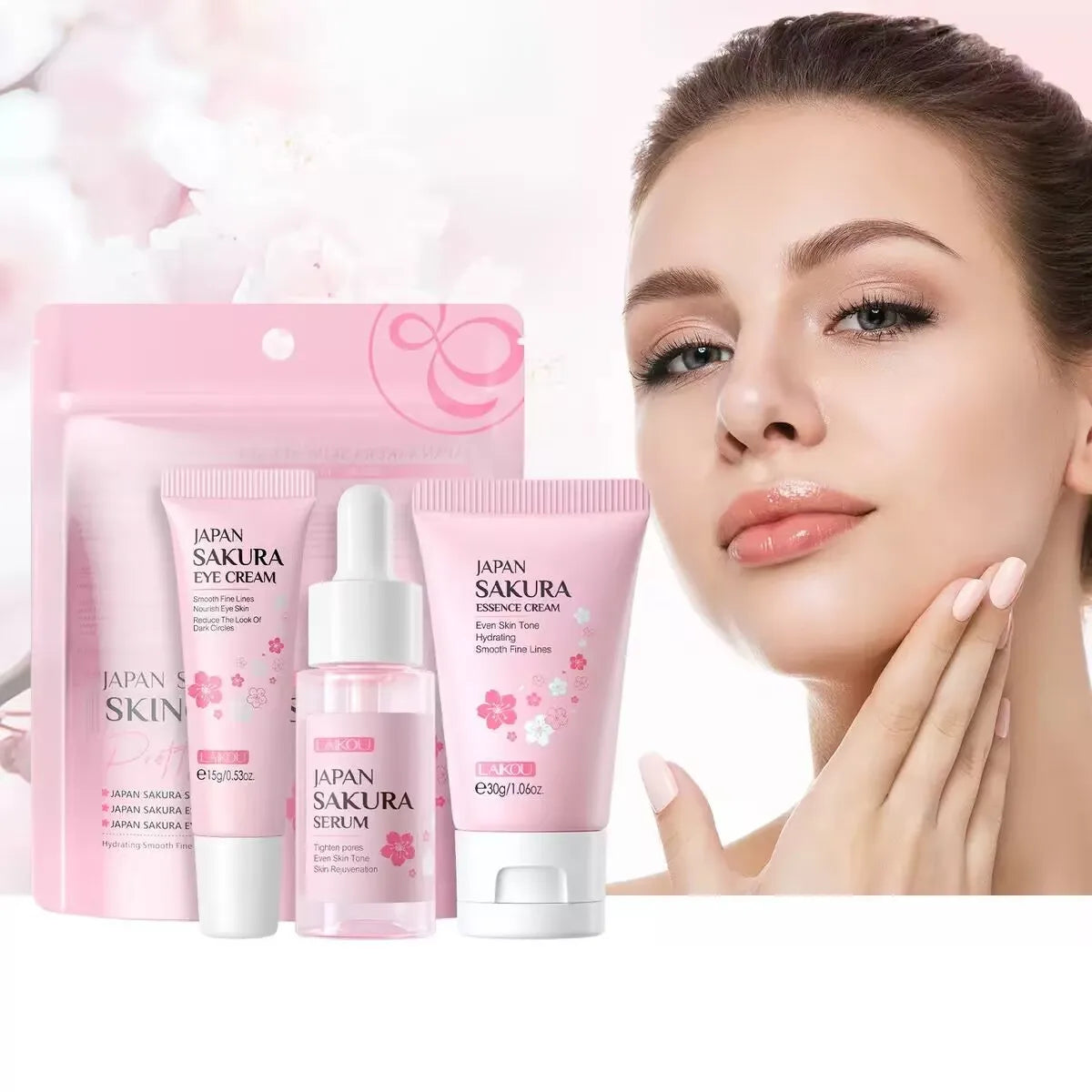 Sakura Skincare Set (3pcs) – Face Serum, Essence & Moisturizing Cream for Radiant Skin